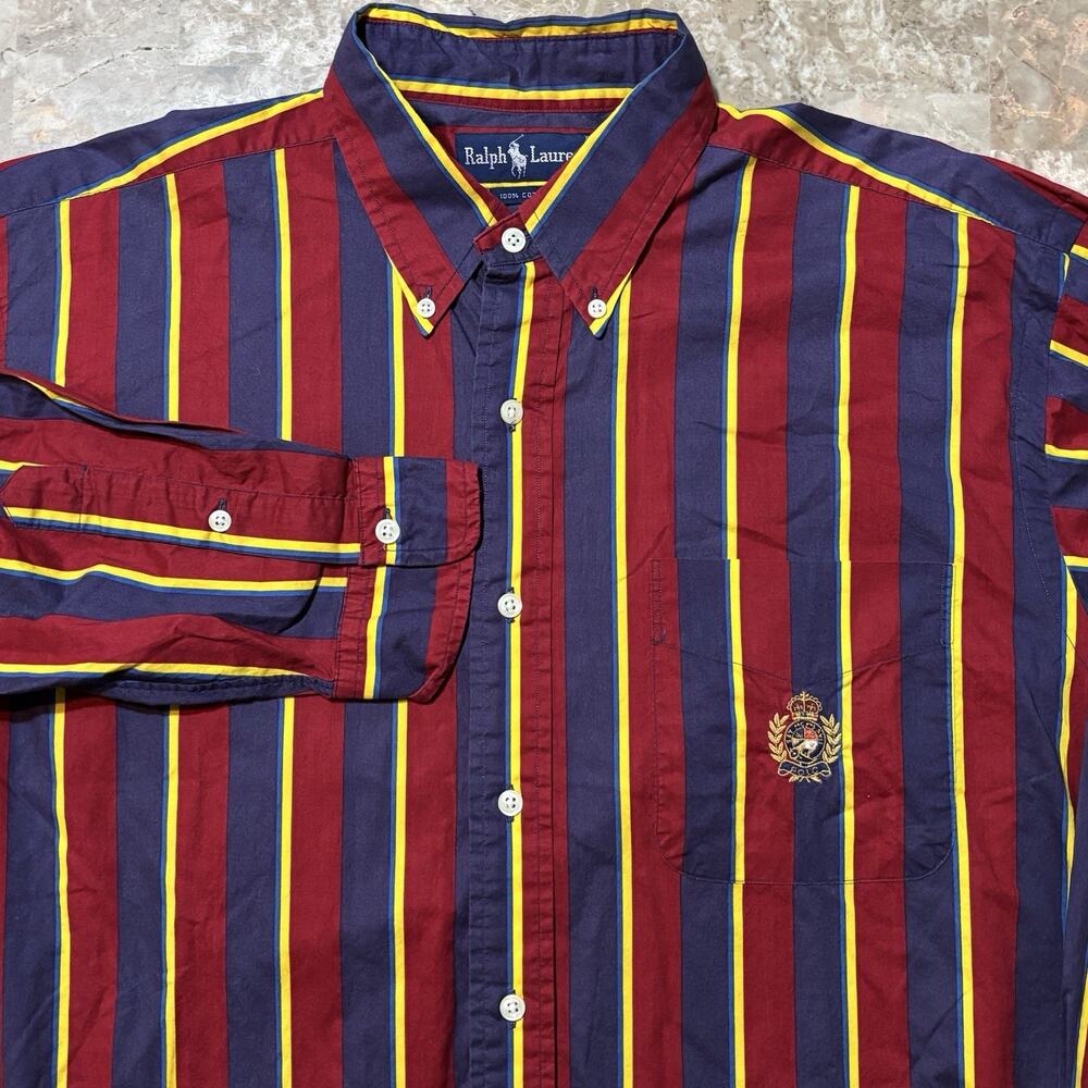 Polo Ralph Lauren Shirt Mens Large Red Striped Crest Long Sleeve Poplin Vintage
